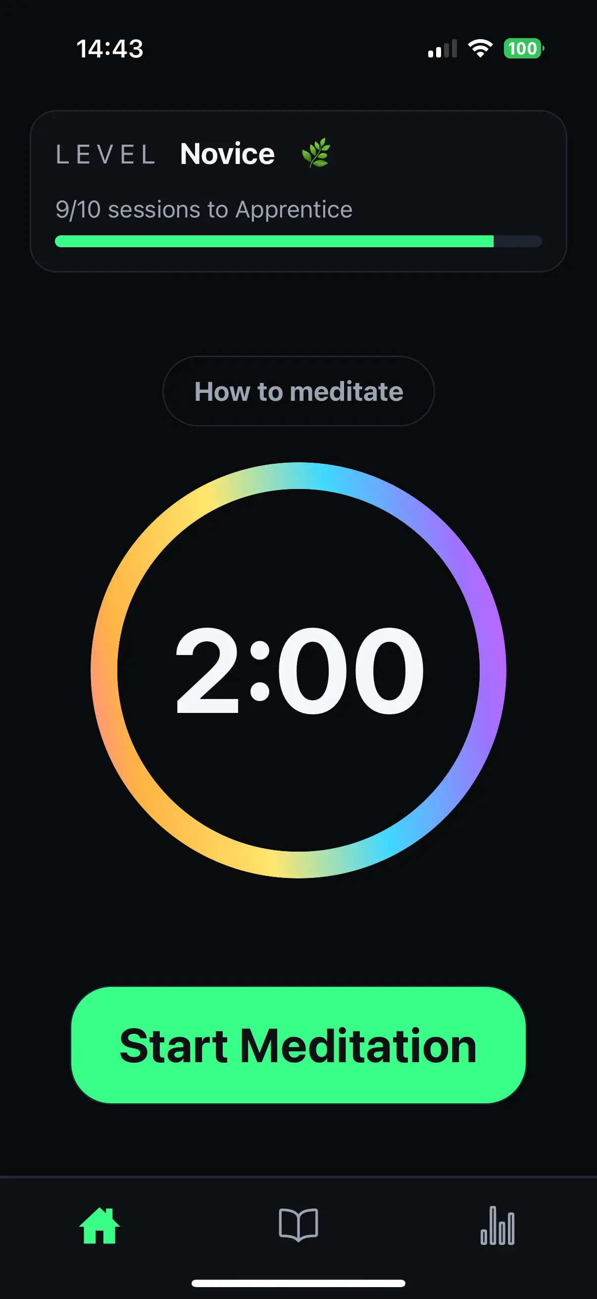 Meditation Mastery app Home tab showing today's meditation level and timer.